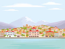 Abstract Image Of A Coastal Town. Vector Background With The Image Of The Sea Coast And Small Houses.