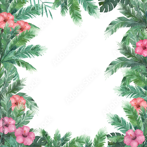 Tropical frame. Watercolor palm tree with hibiscus. Floral template