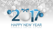 Happy New Year 2017 Banner. Hanging Baubles With Bow, Snow, Snowflakes And Blurred Circles.
