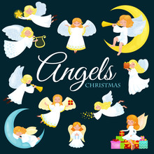 Christmas Holiday Set Of Flying Angel With Wings And Gifts Box Or Stars, With Moon Like Symbol In Christian Religion Or New Year Vector Illustration