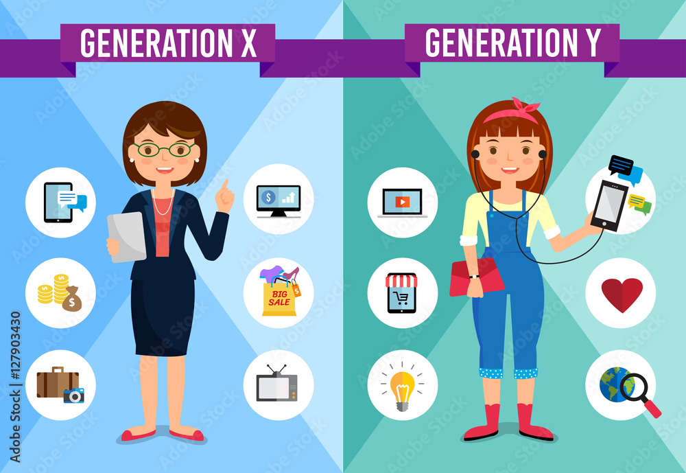 Generations Comparison infographic, Generation X, Generation Y, cartoon ...