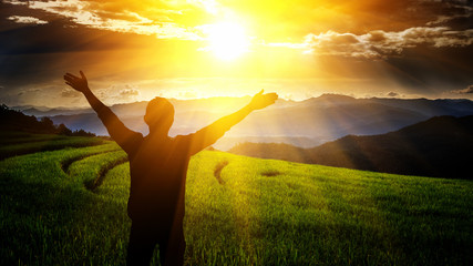 Wall Mural - The man thank God on the mountain.