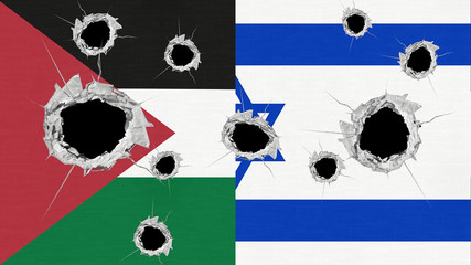 Palestine and Israel flags perforated by bullet holes