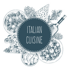 Wall Mural - Italian cuisine Vector illustration. Italian food frame illustration. Menu label with ravioli, farfalle, pizza and wine . Linear graphic