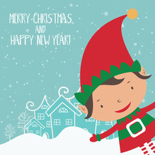 Cartoon Illustration For Holiday Theme With Elf  On Winter Backg