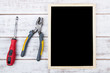© bubbers - Blank blackboard and Set of repair hand tools.Template mock up f