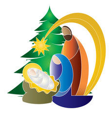 Wall Mural - Christmas nativity religious Bethlehem crib scene, with Holy family of Mary, Joseph and baby Jesus and Christmas tree. holiday background, illustration.