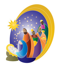 Wall Mural - Christmas nativity religious Bethlehem crib scene, with Holy family of Mary, Joseph and baby Jesus and three wise men. holiday background, illustration.