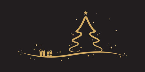 Sticker - golden christmas tree stars present black background