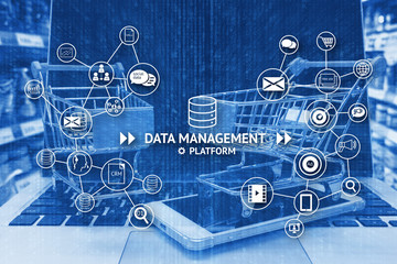 Data Management Platform (DMP) , Marketing and crm concept. Infographic ,texts and icons with two shopping carts on smart phone and laptop in retail shop , supermarket or hypermart abstract background