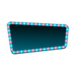 © julkirio - Blank 3d retro light banner with shining lights. Blue sign with blue and red bulbs and dark blank space for text. Vintage street signboard. Advertising frame with glow. Colorful vector illustration.
