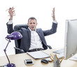 complaining businessman sitting at office, raising annoyed hands for exasperation