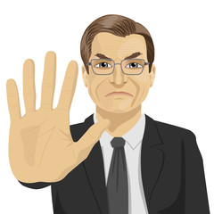 angry mature businessman with glasses showing stop gesture