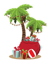Christmas In A Warm Climate Palm Tree With Christmas Lights And Christmas Gifts Cartoon. EPS 10 Vector.