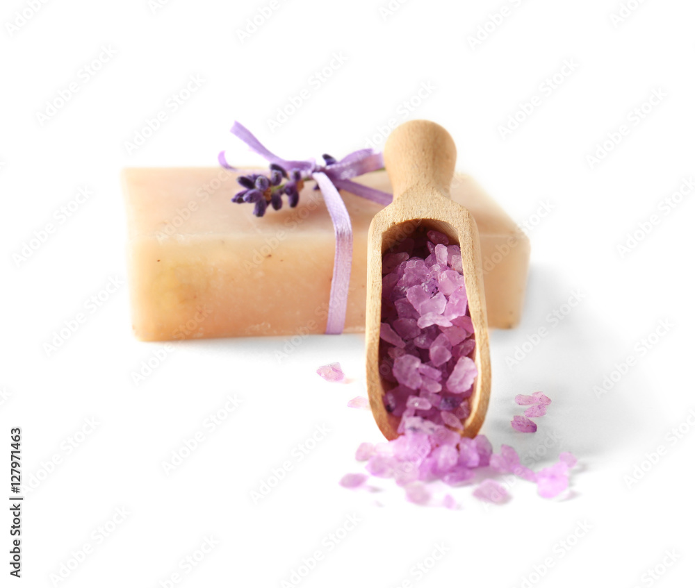 Natural soap and lavender sea salt isolated on white