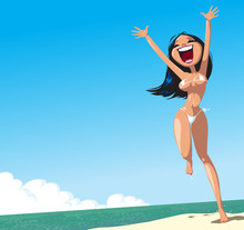 Sexy Happy Girl In A Bikini On The Beach. Background. Cartoon Vector Illustration