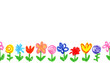 Wax crayon kid`s drawn colorful flowers white. Child`s drawn pastel chalk blooming flowers set. Cute of kid`s painting spring flowering meadow. Hand drawing background banner border.
