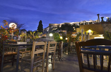 Traditional Cafeteria On Terrace Anafiotika Plaka Greece With Acropolis View
