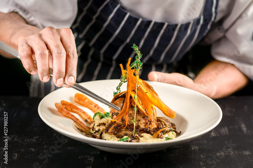 Fine Dinning Chef Decorate Finish Touch Chicken Dish Mushroom