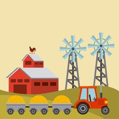 Sticker - tractor carrying corn in wagons and red barn on farm landscape. colorful design. vector illustration