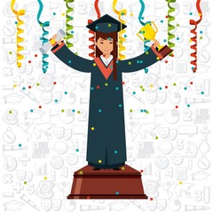 Decorative serpentine and graduation woman with gold trophy and diploma. Colorful design. vector illustration