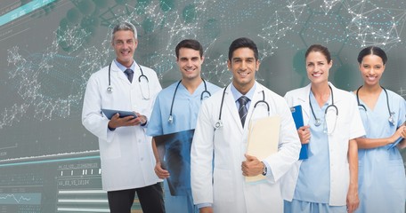 Wall Mural - Composite image of portrait of male doctor with medical team