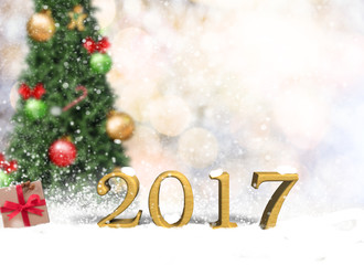 Wall Mural - Empty wood table Happy New Year 2017 on christmas bokeh wall for product display montage. Holiday concept.