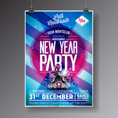 New Year Celebration Party illustration with holiday typography designs with speakers on shiny color background.