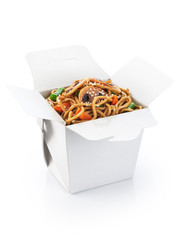 Wall Mural - Chinese food. Noodles with vegetables and mushrooms isolated on