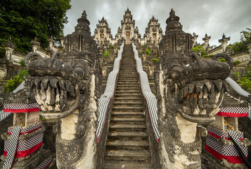 Traditional balinese temple guards at the entrance to Pura Penataran Agung Lempuyang on Bali, Indonesia