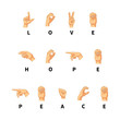 © EvgeniyBobrov - Love, hope and peace words on hand language