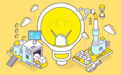 Vector illustration of light bulb and three dimensional mechanis