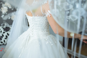 Bride in Dress and Veil at Home