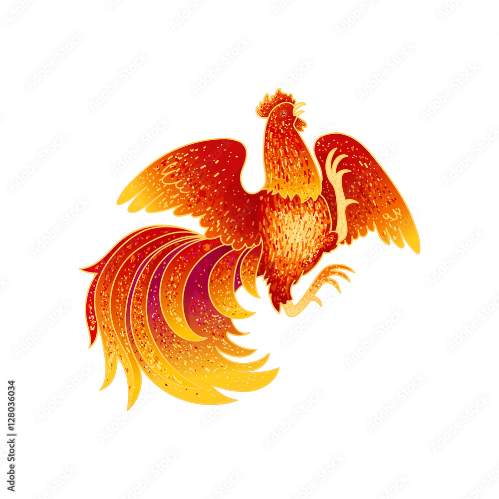 2017, the Year of the Fire Rooster in Chinese Horoscope. Red and gold  colors, symbol of new year. Fire element. Hand drawn sketchy cartoon clip- art, vector illustration, isolated on white Stock Vector |, image size:1000x1000