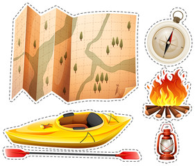 Wall Mural - camping sticker set with canoe and map