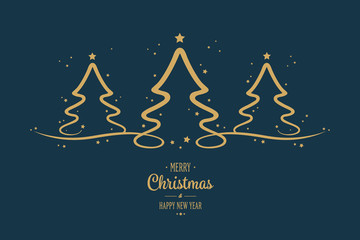 Wall Mural - gold christmas trees stars greeting blue background