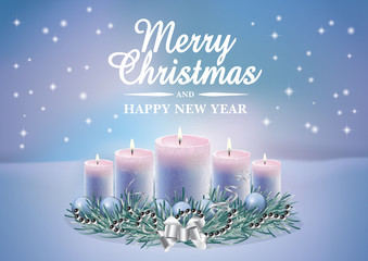 Christmas decoration with burning candles on magic winter background. Vector christmas card.