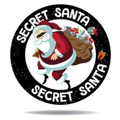 Cartoon Secret Santa icon stamp with Santa Claus sneakily delivering gifts while wearing a mask. EPS 10 vector.