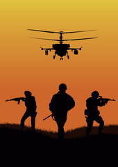 Wall Mural - Illustration, the soldiers going to attack and helicopters.