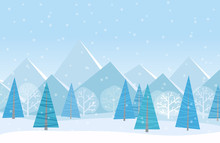 Beautiful Chrismas Winter Flat Landscape Background. Christmas Forest Woods With Mountains. New Year Winter Vector Landscape.