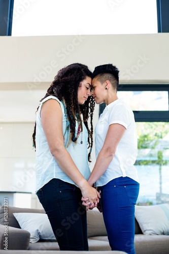 Romantic Lesbian Couple Standing Face To Face And Holding Hands Buy 