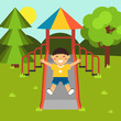 Boy playing on a town public park playground. Slides. Children's playground. Baby-themed flat stock illustration with isolated elements.