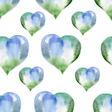 Seamless Pattern Of Blue And Green Hearts. Valentine's Day. Watercolor. Isolate.