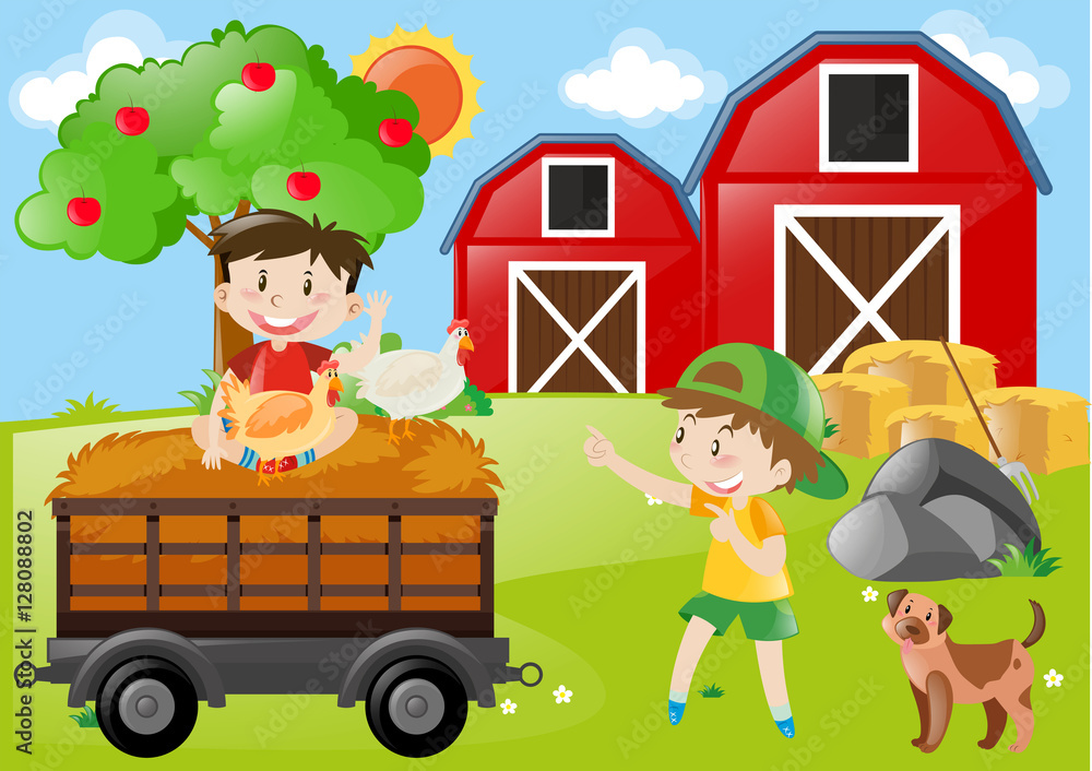Farm scene boys in the field Stock Vector | Adobe Stock
