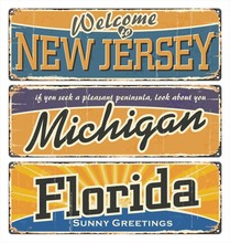 Vintage Tin Sign Collection With USA State. New Jersey. Michigan. Florida. Retro Souvenirs Or Old Paper Postcard Templates On Rust Background. 