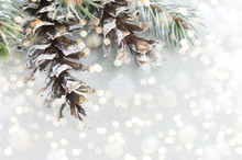 Pinecones And Fir Tree On Sparkling Background.