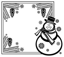 Black And White Frame With Funny Snowman, Holly Berries And Pine Cones 
