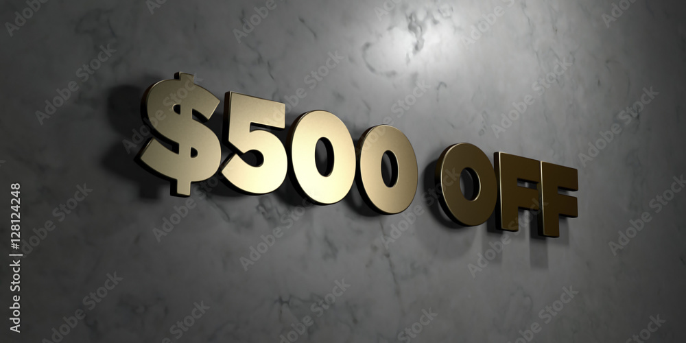 $500 off - Gold sign mounted on glossy marble wall - 3D rendered ...