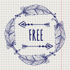 Wall Mural - Boho tribal style logo with feather arrows and lettering free on notebook page vector