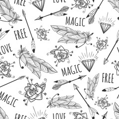 Wall Mural - Boho tribal style seamless pattern. Feathers arrows diamonds background vector